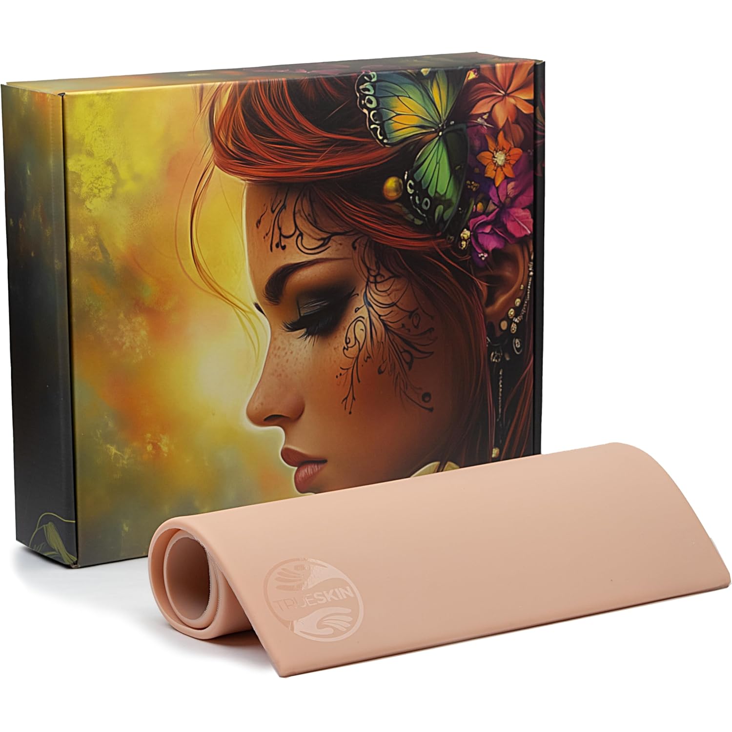 The TrueSkin retail box beside a folded sheet of practice skin.