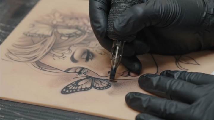 Close view of a needle working fine linework into a sheet of TrueSkin practice skin.