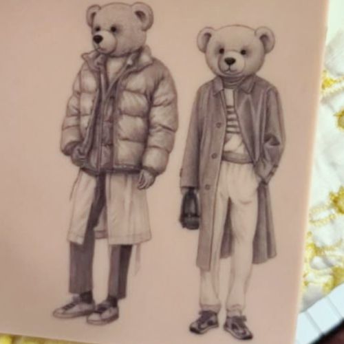 Two bears in winter coats, rendered in soft pencil-style graphite shading on a TrueSkin sheet.